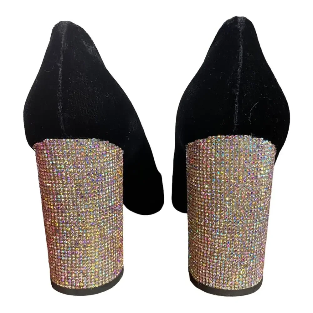 Anthropologie DeMille Black Rhinestone Block Heel Pumps EU 40 US 9